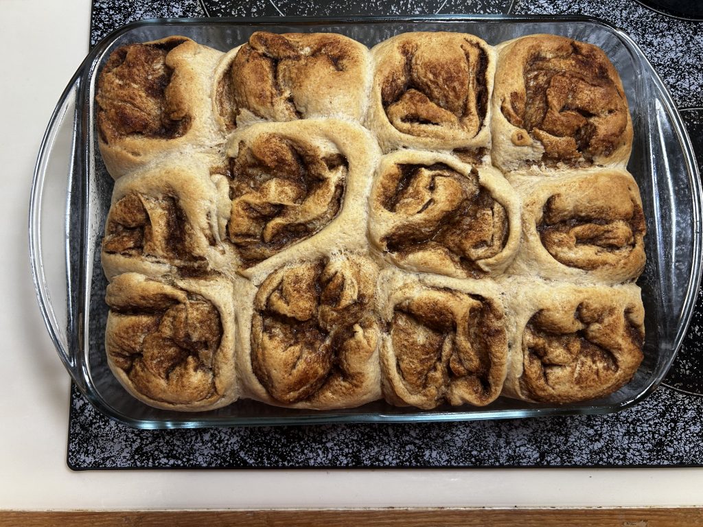 One dozen fresh-milled baked cinnamon rolls 