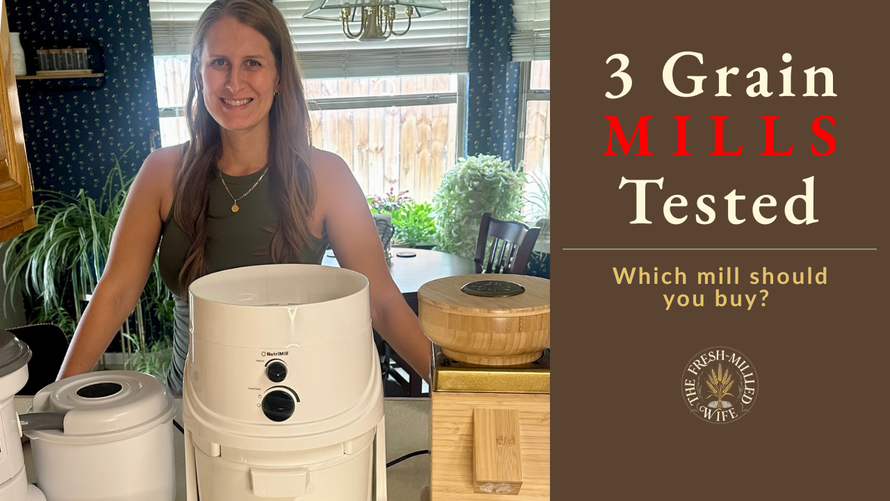 The Fresh-Milled Wife standing in front of 3 grain mills